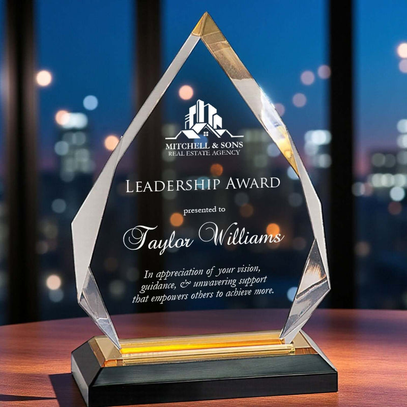 Custom engraved awards featuring a crystal Leadership Award with an inscription for Taylor Williams.