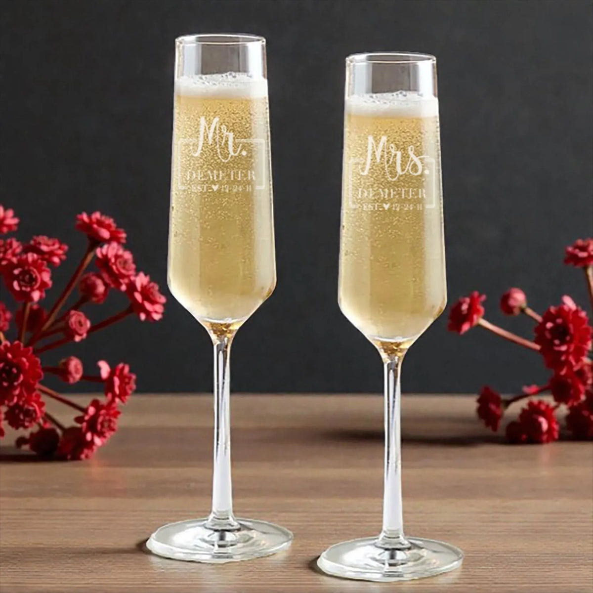 Engraved crystal wedding champagne flutes with custom design