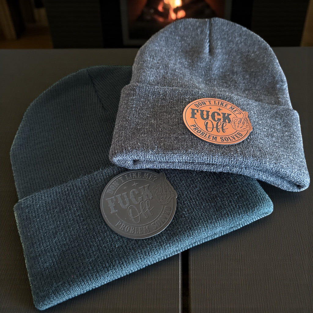 Beanies with Snarky Engraved Leatherette Patch