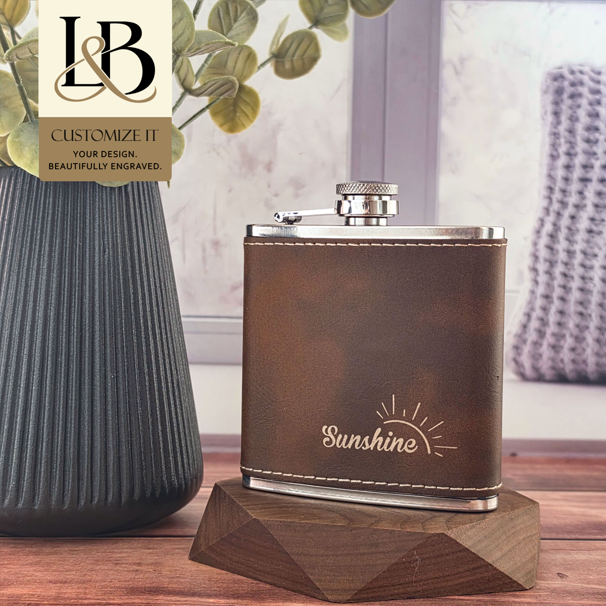 Personalized leatherette flask with custom laser engraved monogram