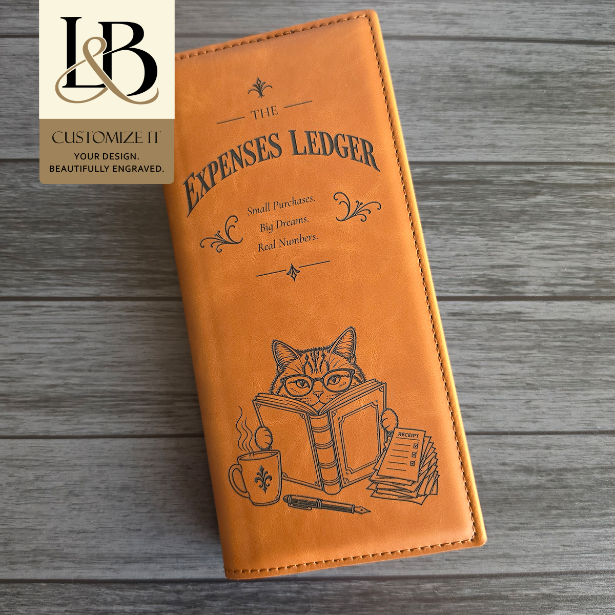 Custom engraved tally book cover in premium leatherette with personalized design