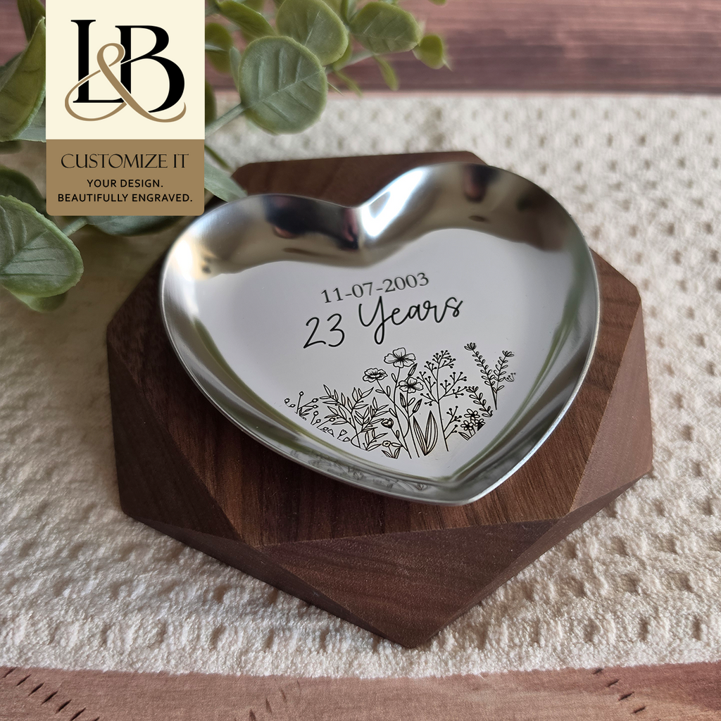 Personalized heart trinket dish in polished stainless steel with custom engraving