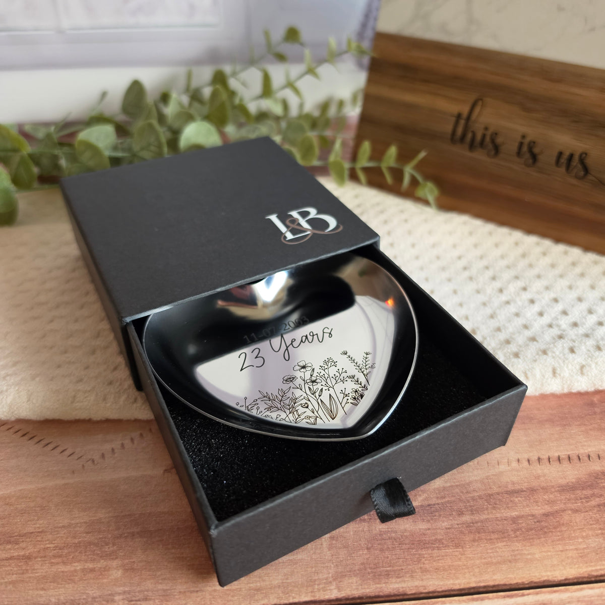 Silver gold and rose gold heart trinket dishes with polished finishes