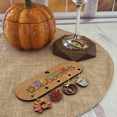 Hand-painted turkey leaf pumpkin mug and scarecrow wine charms