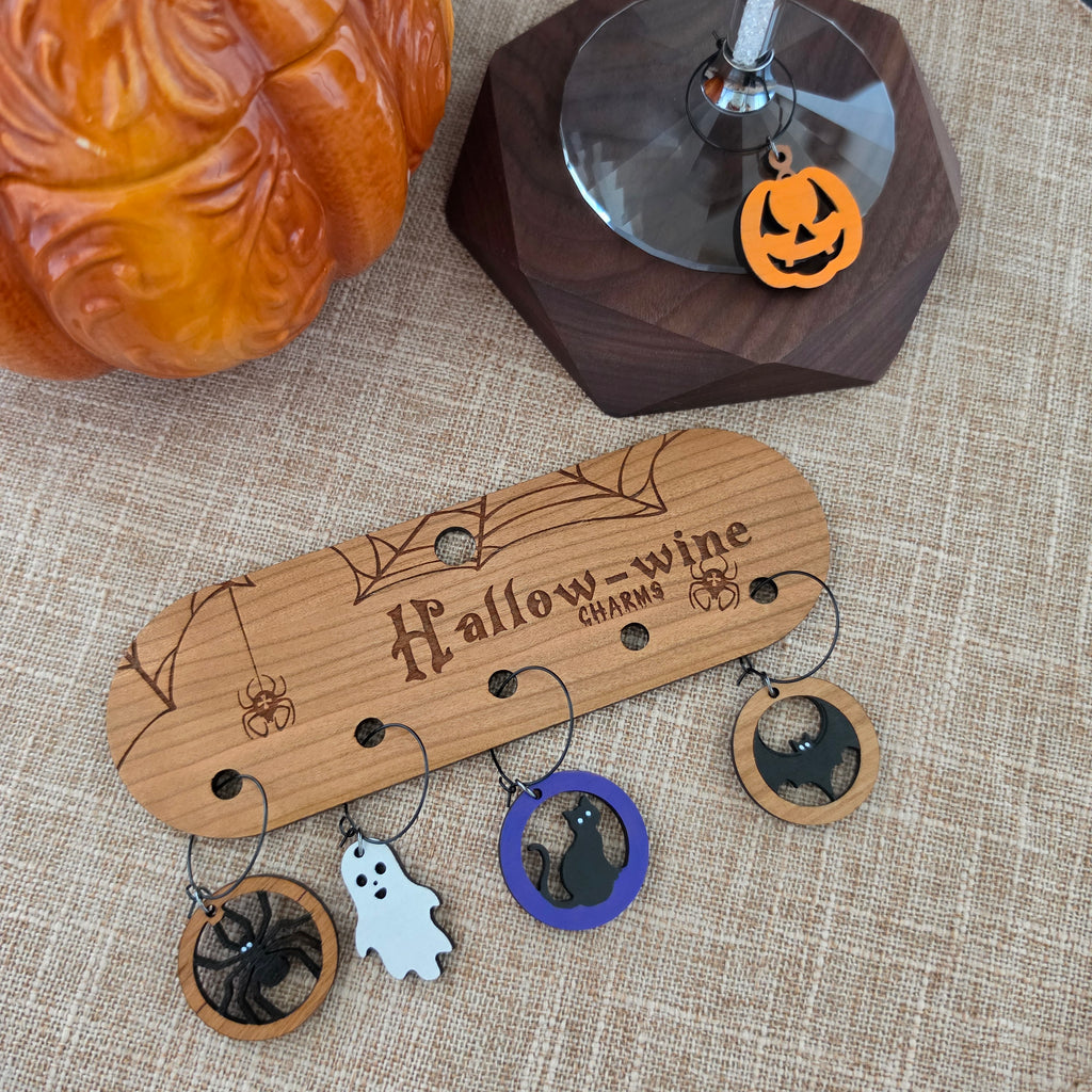 Hallowine Halloween Wine Charms with Wooden Holder