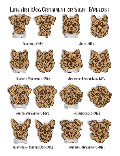 Custom Wood Line Art Dog Ornament – 96 Breeds with Optional Name Bone