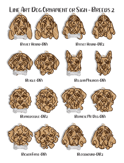 Custom Wood Line Art Dog Ornament – 96 Breeds with Optional Name Bone