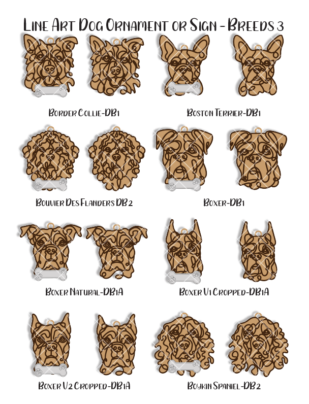 Custom Wood Line Art Dog Ornament – 96 Breeds with Optional Name Bone