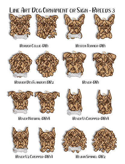 Custom Wood Line Art Dog Ornament – 96 Breeds with Optional Name Bone