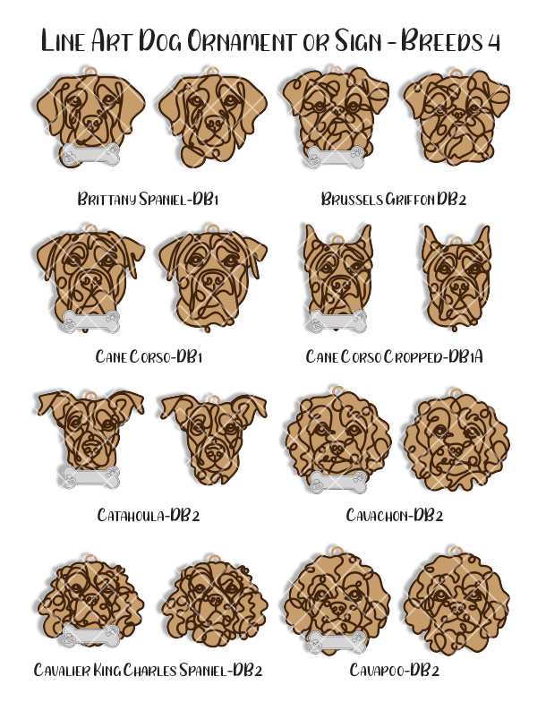 Custom Wood Line Art Dog Ornament – 96 Breeds with Optional Name Bone