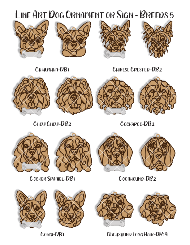 Custom Wood Line Art Dog Ornament – 96 Breeds with Optional Name Bone