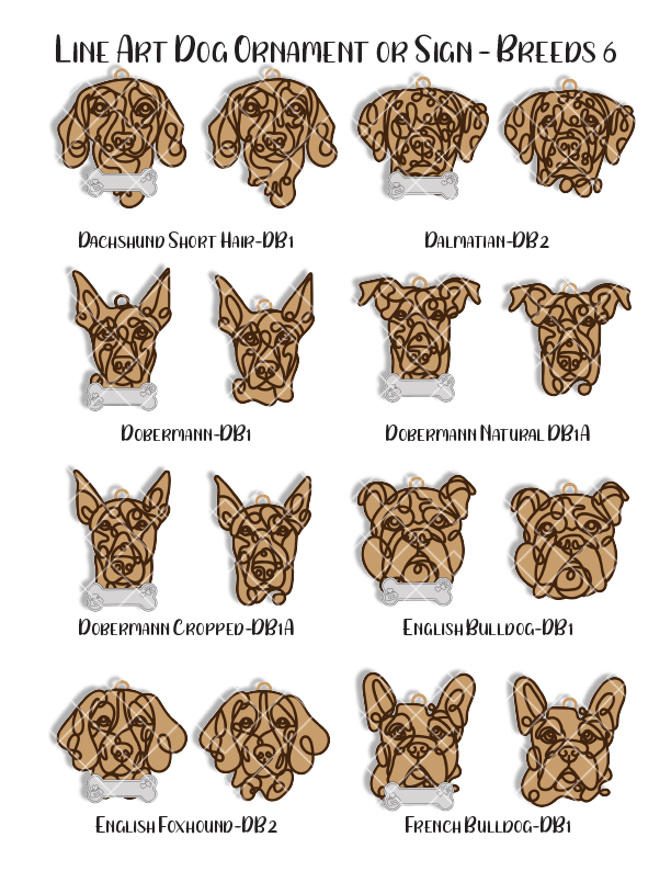 Custom Wood Line Art Dog Ornament – 96 Breeds with Optional Name Bone