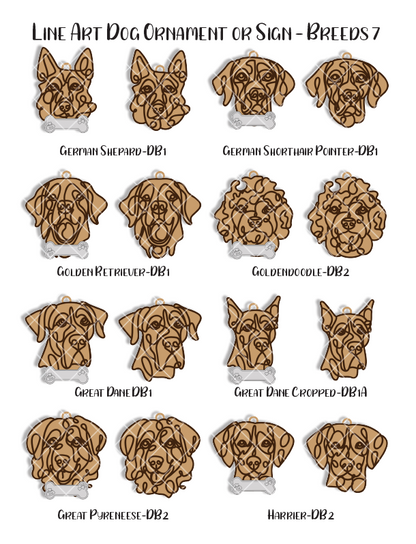 Custom Wood Line Art Dog Ornament – 96 Breeds with Optional Name Bone