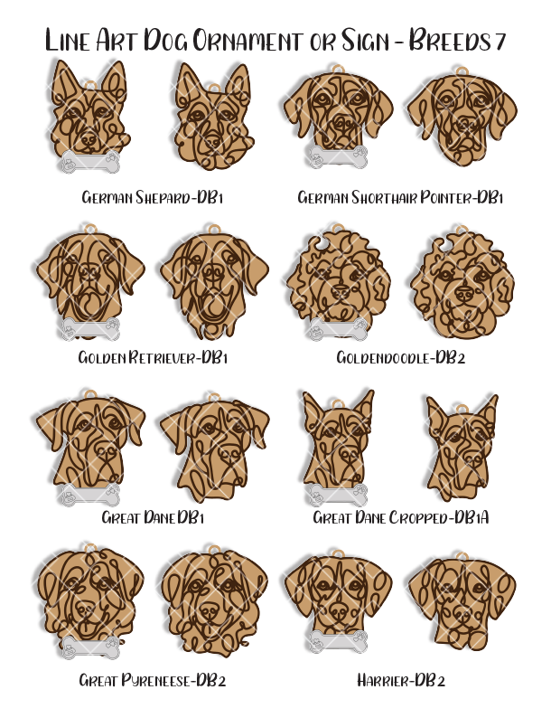 Custom Wood Line Art Dog Ornament – 96 Breeds with Optional Name Bone