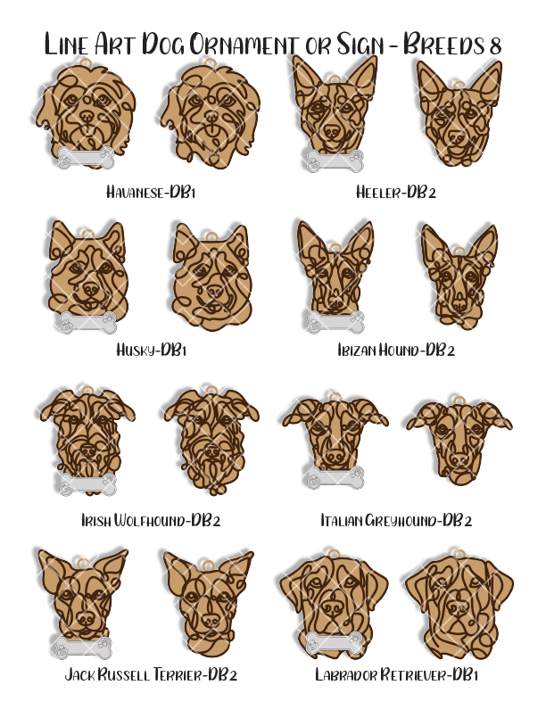 Custom Wood Line Art Dog Ornament – 96 Breeds with Optional Name Bone