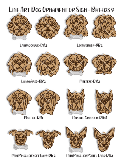 Custom Wood Line Art Dog Ornament – 96 Breeds with Optional Name Bone