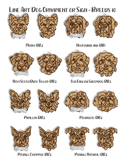 Custom Wood Line Art Dog Ornament – 96 Breeds with Optional Name Bone