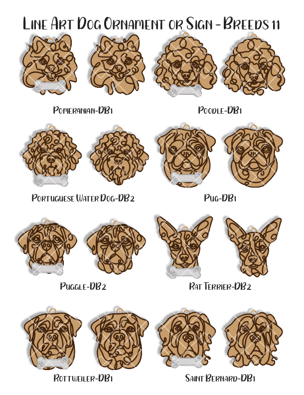 Custom Wood Line Art Dog Ornament – 96 Breeds with Optional Name Bone