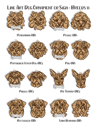 Custom Wood Line Art Dog Ornament – 96 Breeds with Optional Name Bone