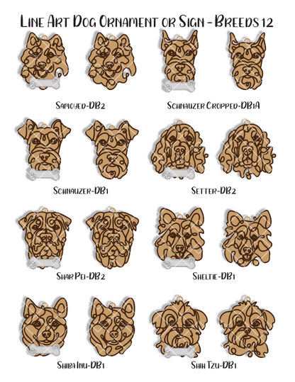 Custom Wood Line Art Dog Ornament – 96 Breeds with Optional Name Bone