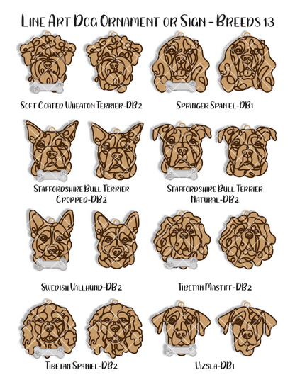 Custom Wood Line Art Dog Ornament – 96 Breeds with Optional Name Bone