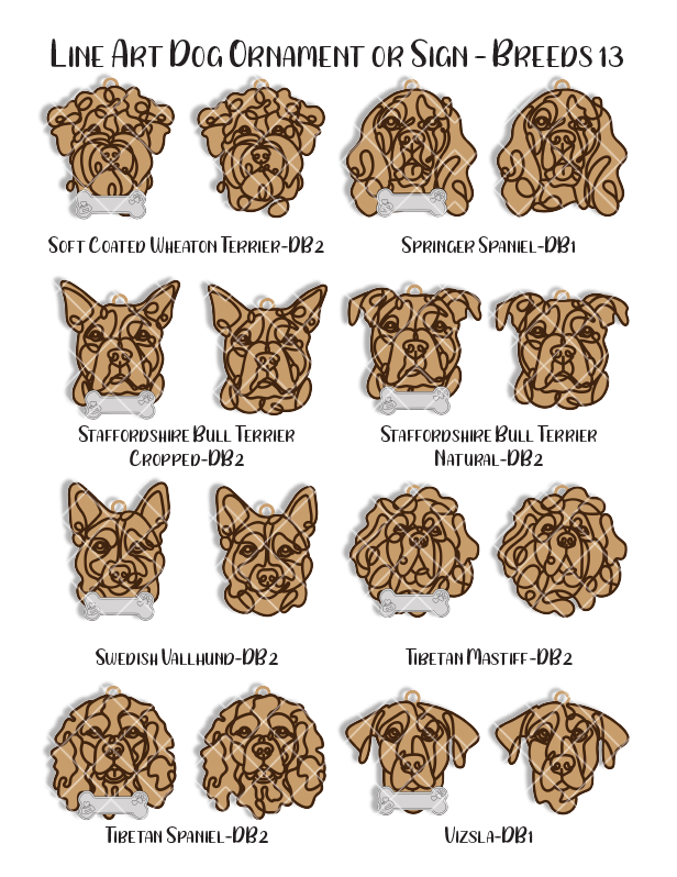 Custom Wood Line Art Dog Ornament – 96 Breeds with Optional Name Bone