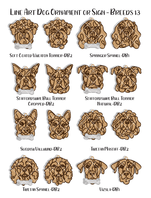 Custom Wood Line Art Dog Ornament – 96 Breeds with Optional Name Bone