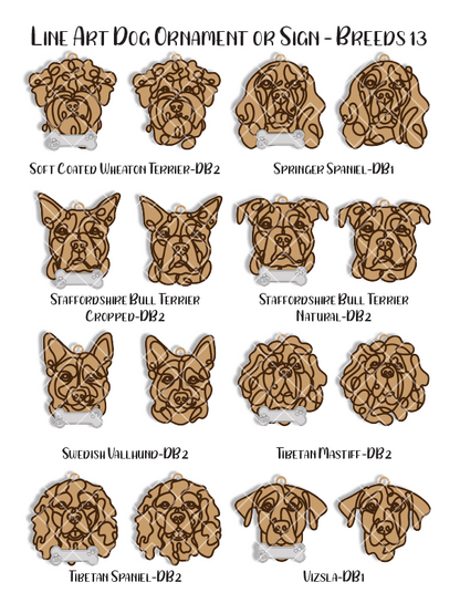 Custom Wood Line Art Dog Ornament – 96 Breeds with Optional Name Bone