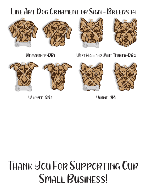 Custom Wood Line Art Dog Ornament – 96 Breeds with Optional Name Bone