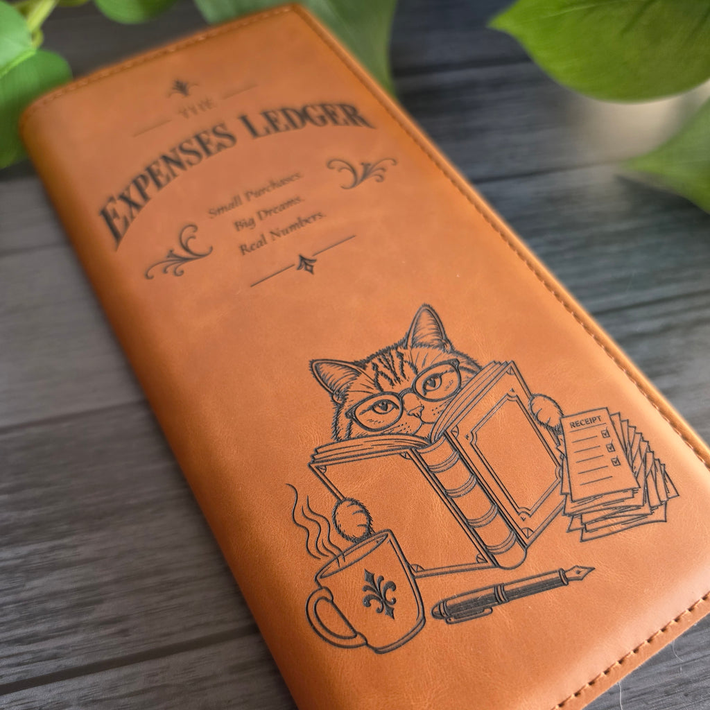 Engraved tally book cover showing smooth leatherette texture and edge stitching