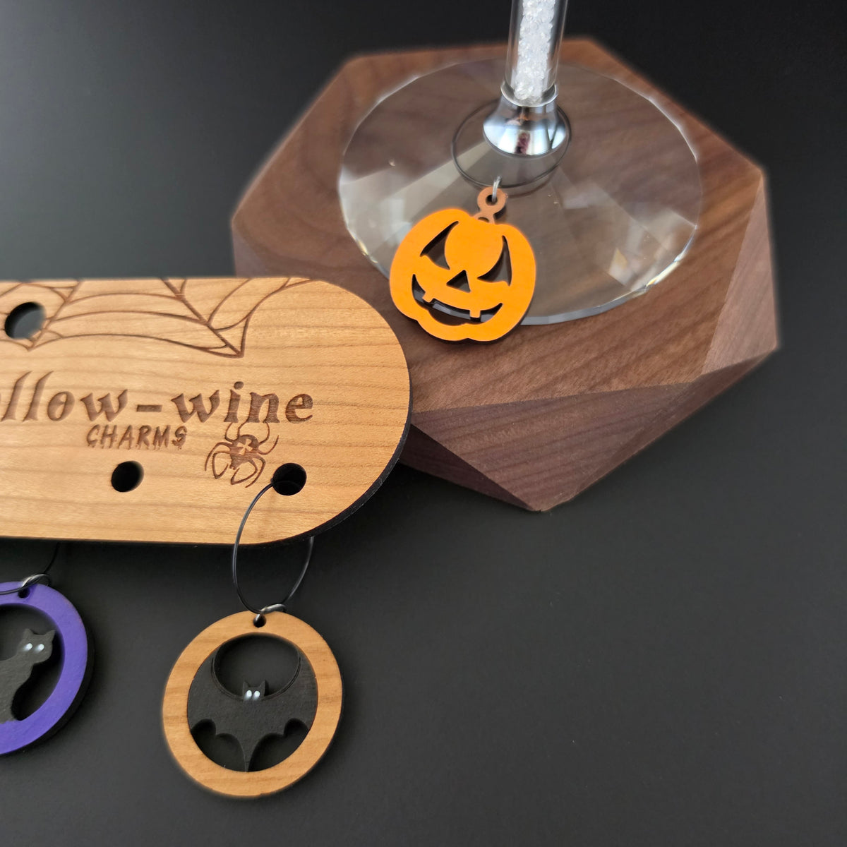 Hallowine Halloween Wine Charms with Wooden Holder