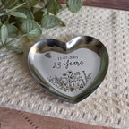 Custom engraved heart-shaped ring dish with anniversary date and personalized message