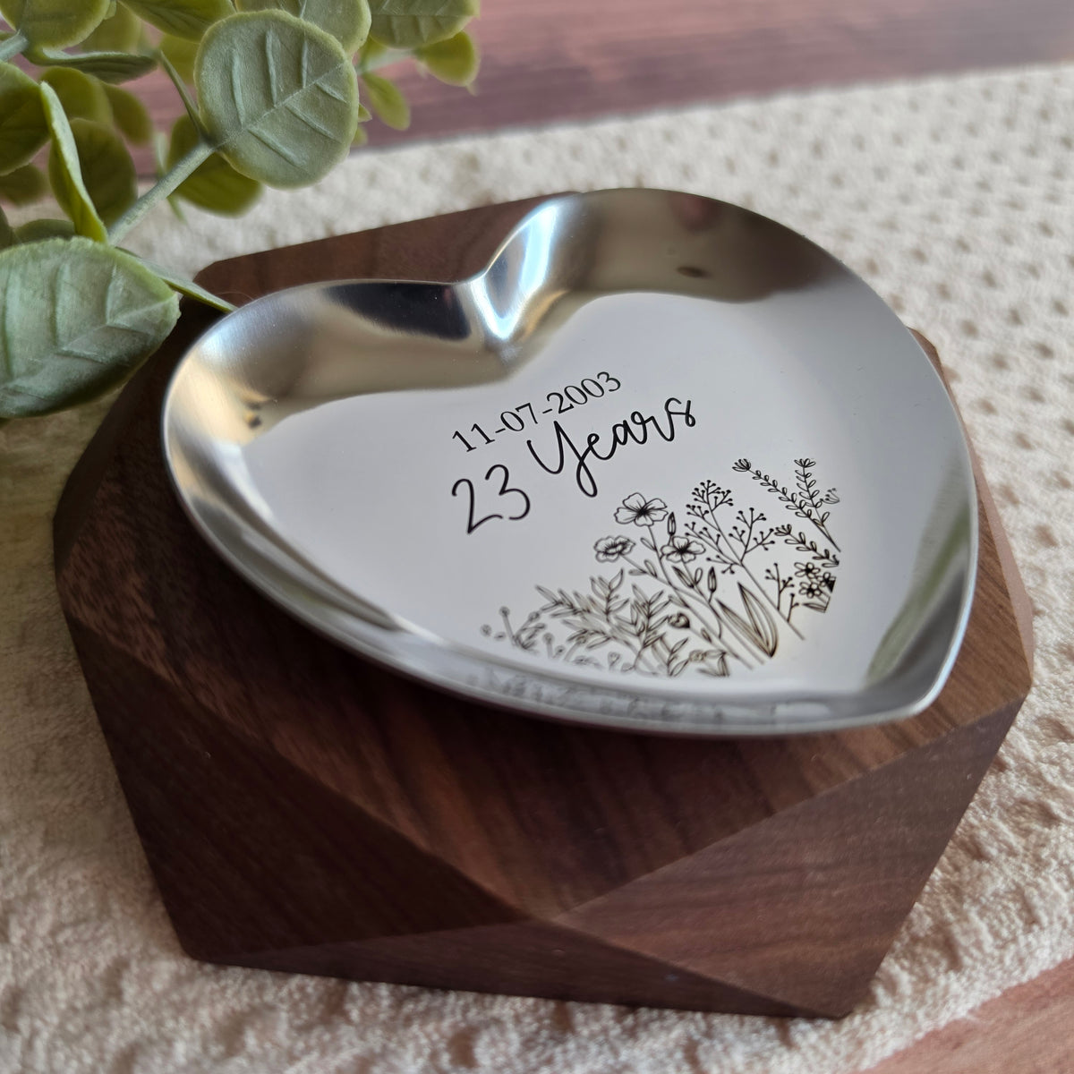 Personalized metal jewelry dish in black drawer-style gift box with cushioned insert