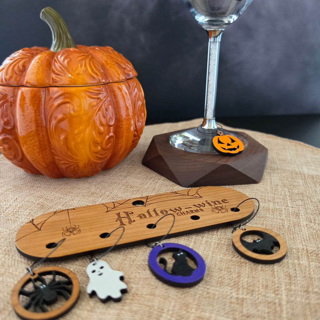 Hallowine Halloween Wine Charms with Wooden Holder