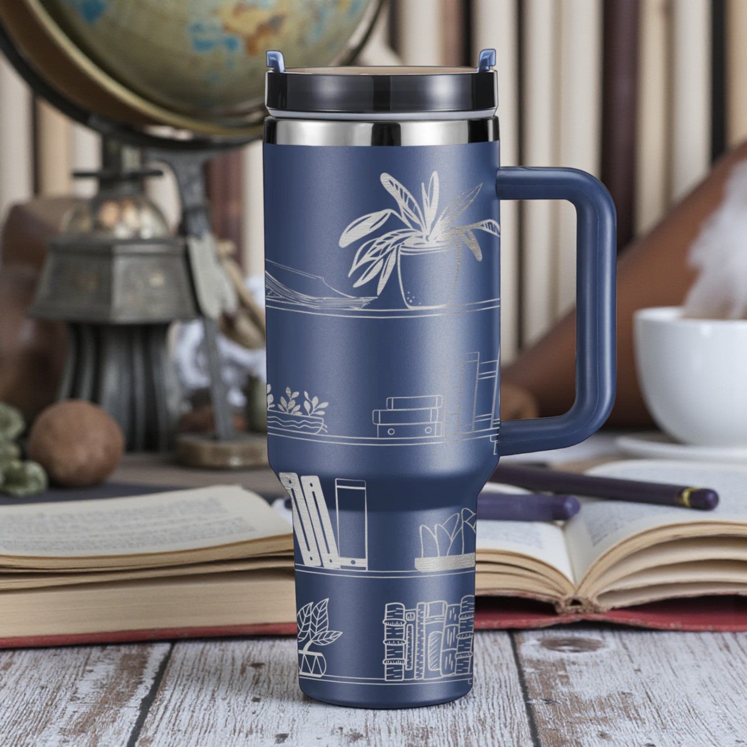 40oz Engraved Bookshelf Tumbler with Handle – Stainless Steel Insulated Cup