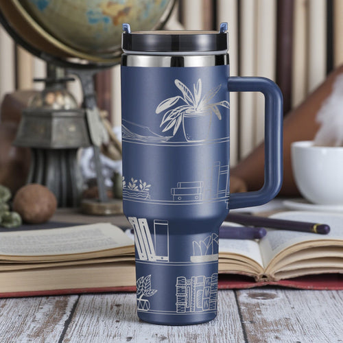 40oz Engraved Bookshelf Tumbler with Handle – Stainless Steel Insulated Cup