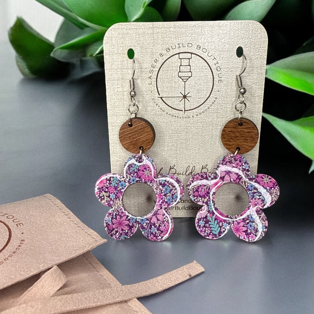 Daisy Statement Earrings | Floral Glitter Acrylic with Wooden Detail