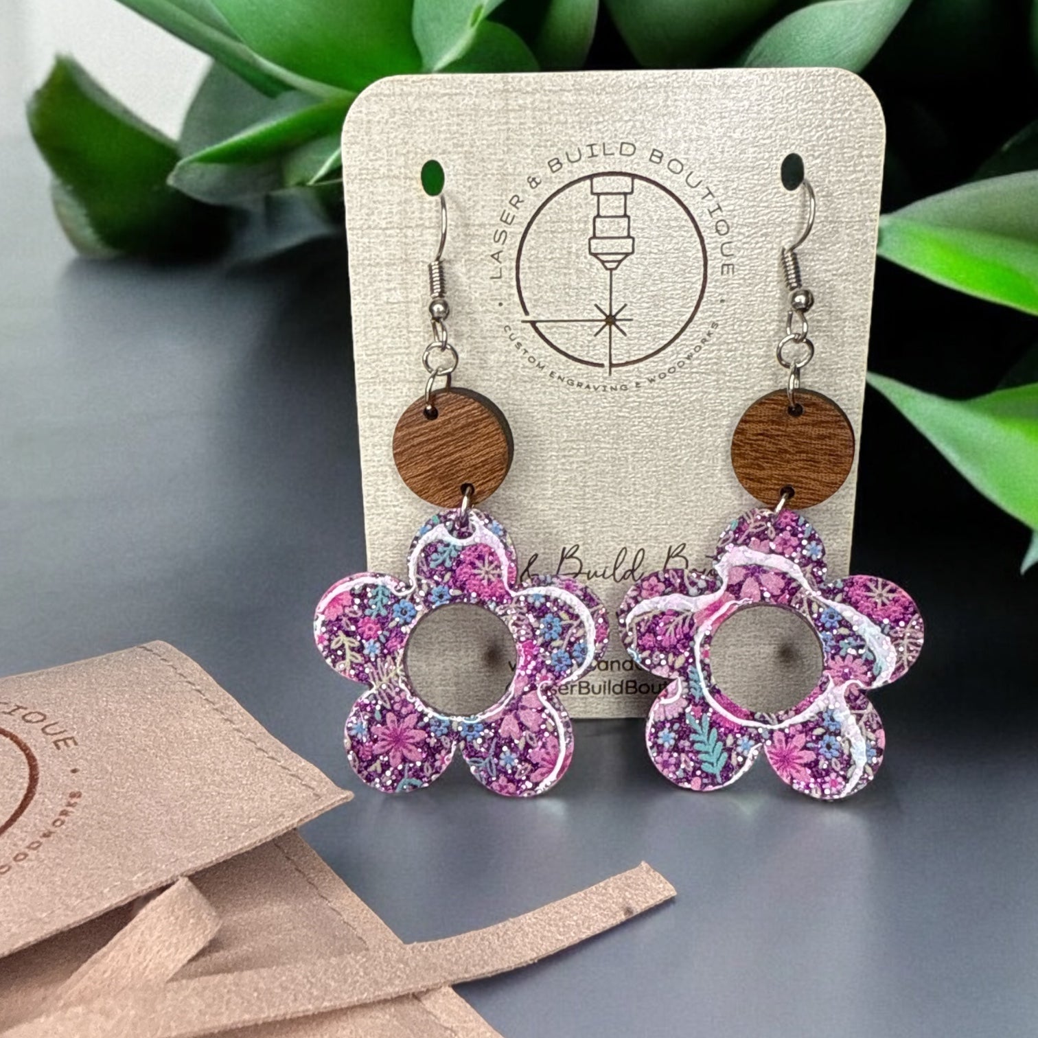Daisy Statement Earrings | Floral Glitter Acrylic with Wooden Detail