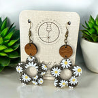 Daisy Statement Earrings | Floral Glitter Acrylic with Wooden Detail