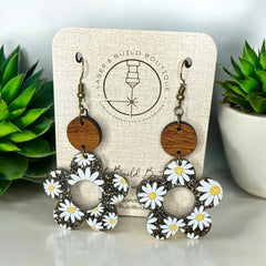 Daisy Statement Earrings | Floral Glitter Acrylic with Wooden Detail