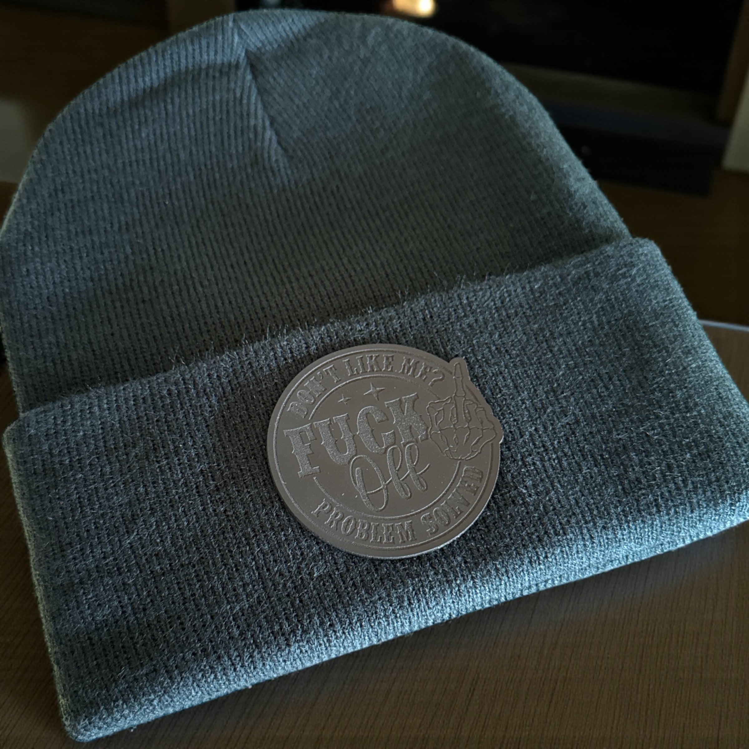 Beanies with Snarky Engraved Leatherette Patch