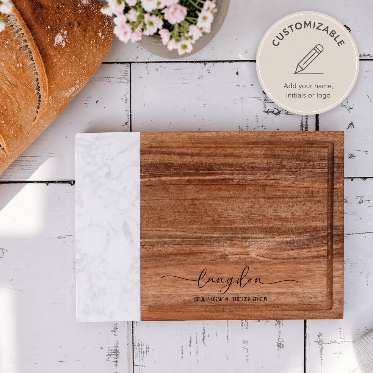 Personalized Marble & Acacia Wood Charcuterie Board