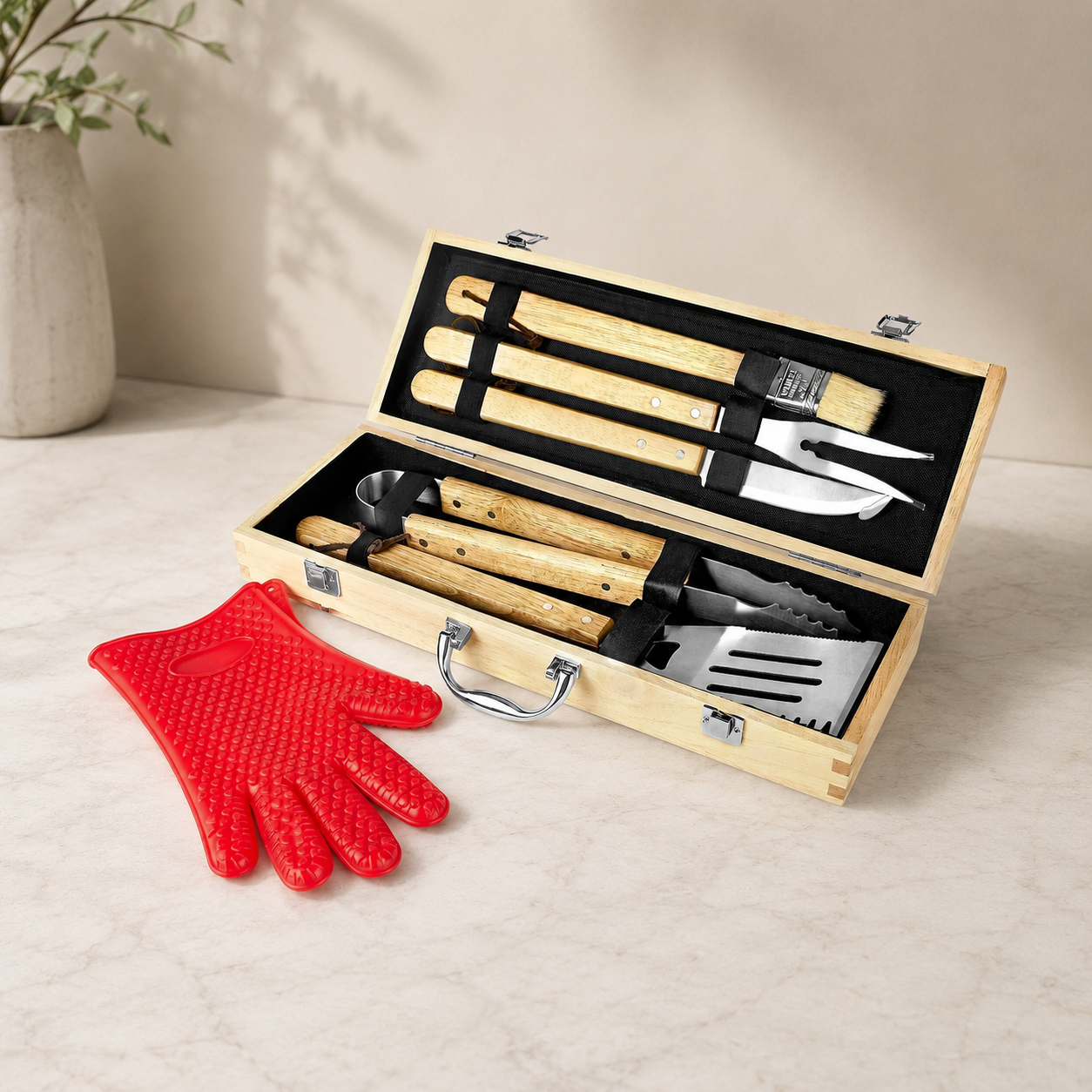 bbq tool set including spatula tongs fork knife and skewers
