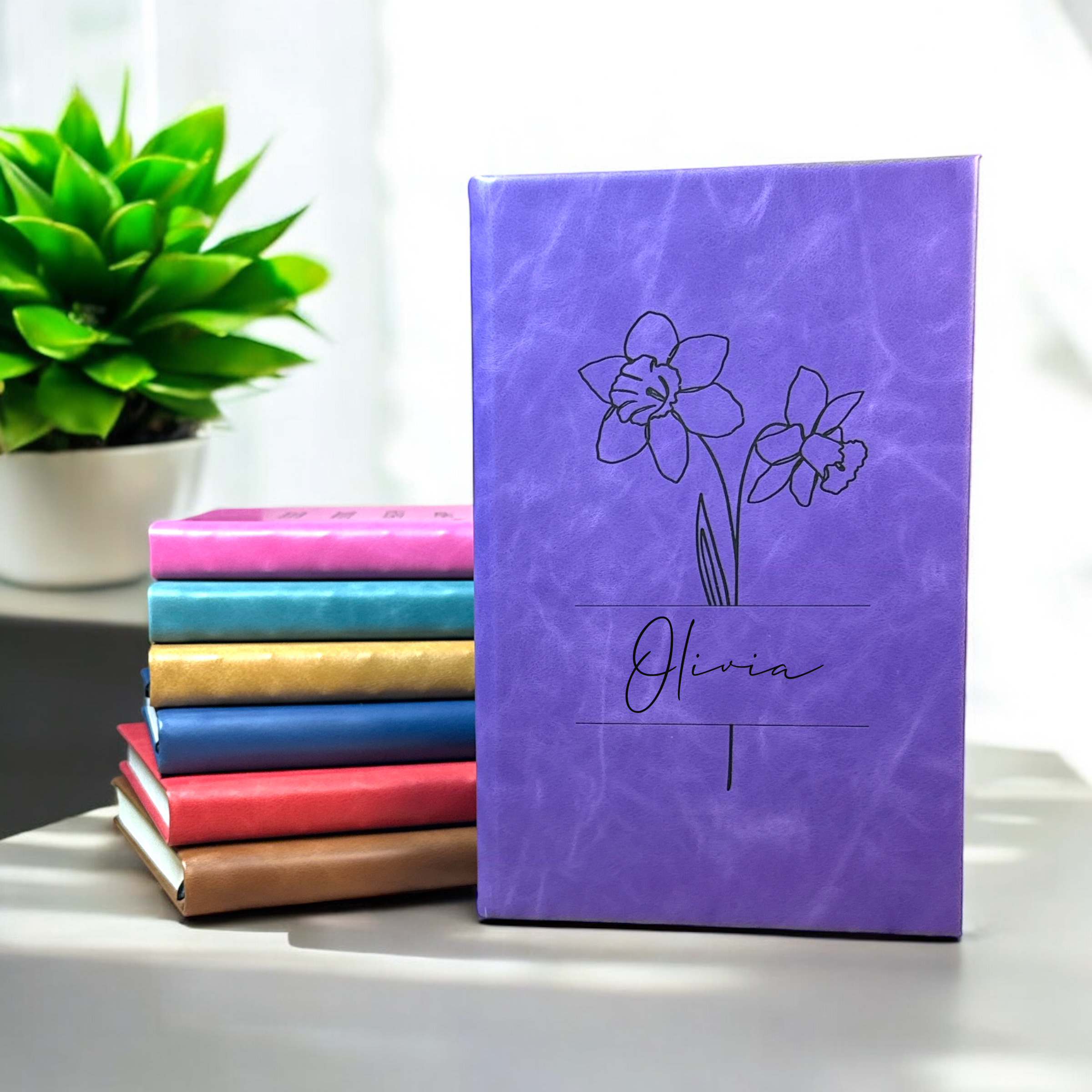 Personalized Birth Flower Journal – Custom Name Leatherette Notebook