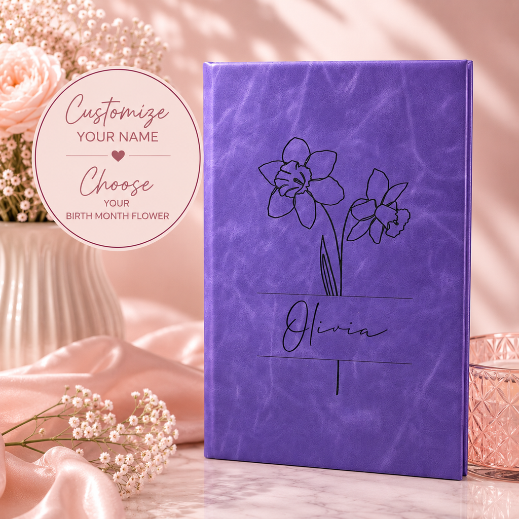 Personalized Birth Flower Journal – Custom Name Leatherette Notebook