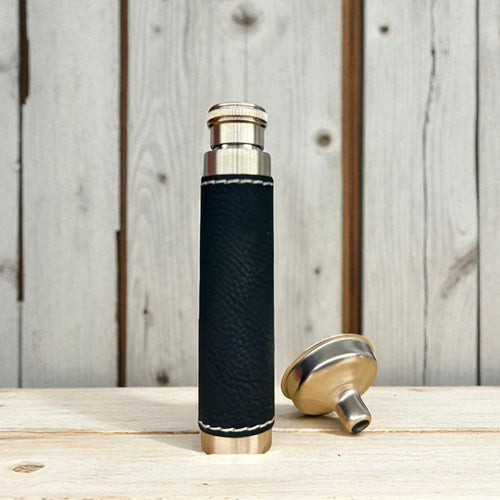Custom engraved Custom Engraved 1oz Leatherette Wrapped Handshake Flask with Funnel by Laser & Build Boutique