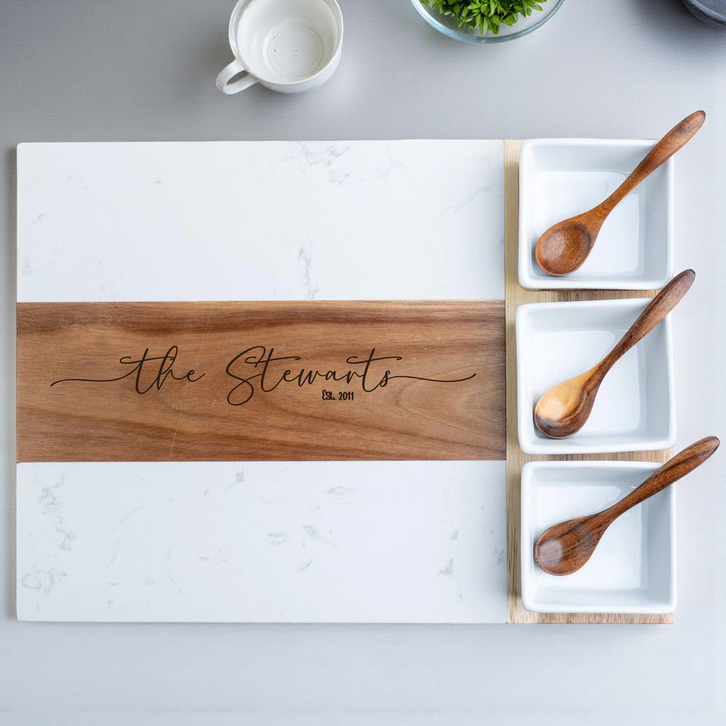 Personalized Marble and Acacia Charcuterie Board Set | Custom Engraved Entertaining Gift