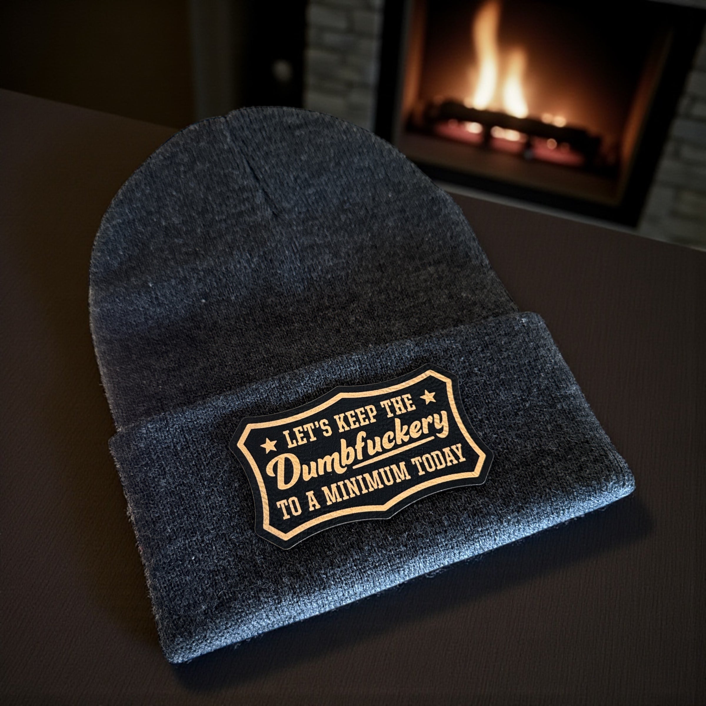 Beanies with Snarky Engraved Leatherette Patch