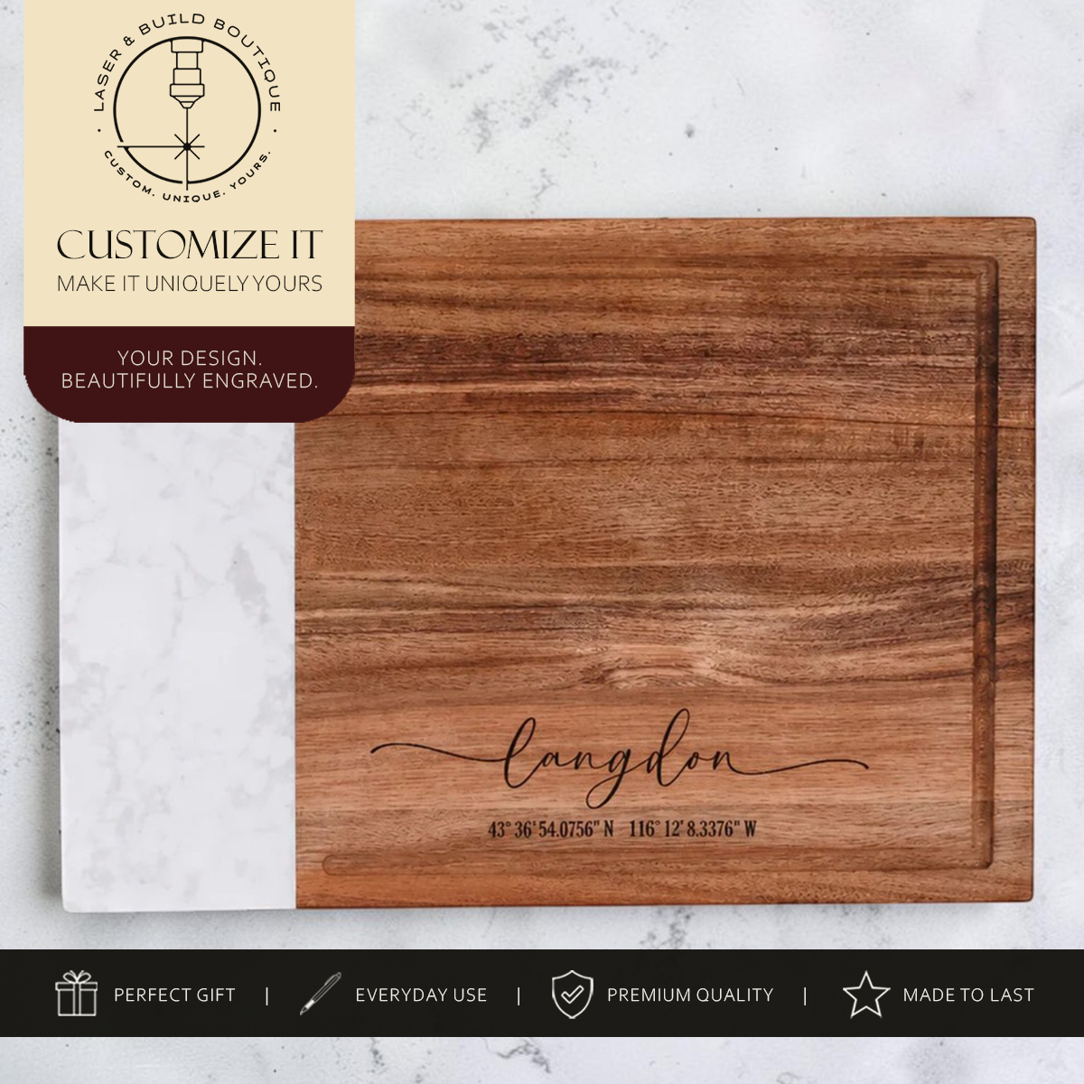 Personalized Charcuterie Board | Marble & Acacia Wood