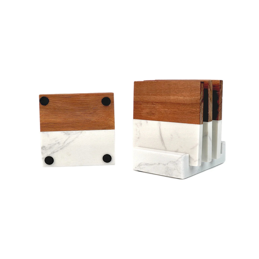 marble and acacia wood custom coasters with matching holder